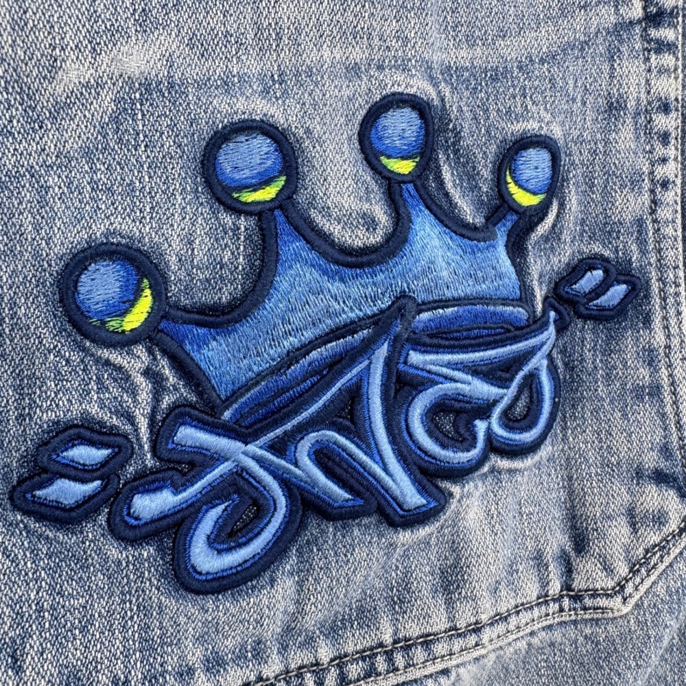 JNCO Jeans Baggy Wide Leg Pants Mens 32x32 Blue Crown Embroidered Skater Y2K 90s